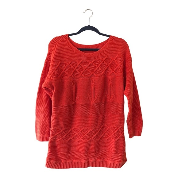 Talbots Long Sleeve Anchors Nautical Cable-Knit Sweater Women's Plus 1X Orange - Picture 2 of 9